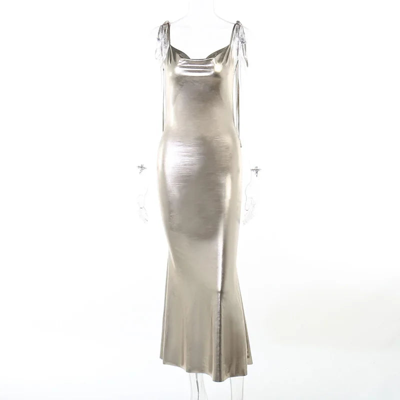 Metallic bronze maxi dress with tie shoulder straps and open back - Nancy