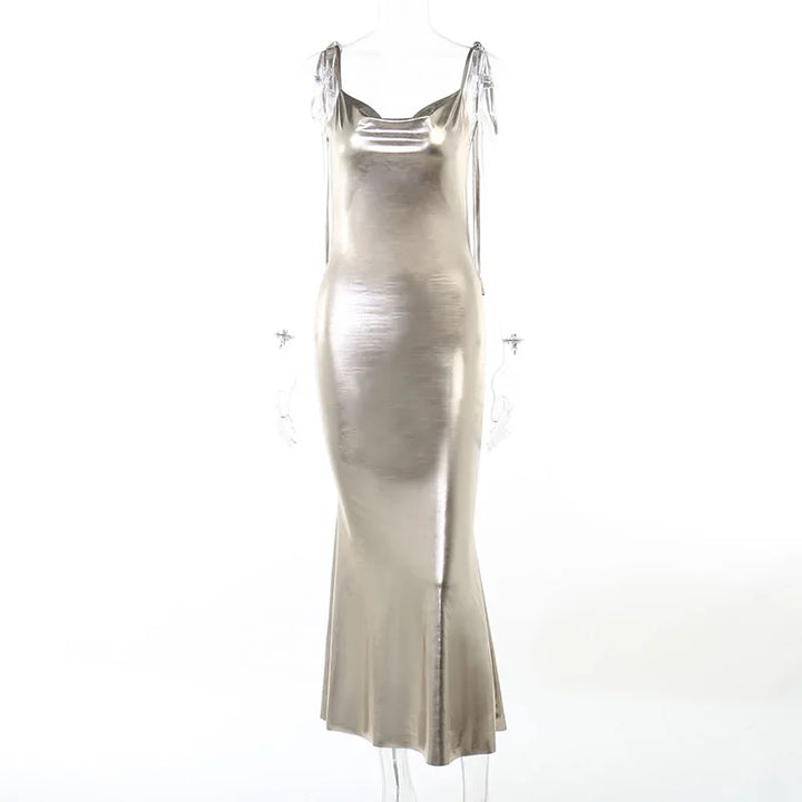 Metallic bronze maxi dress with tie shoulder straps and open back - Nancy