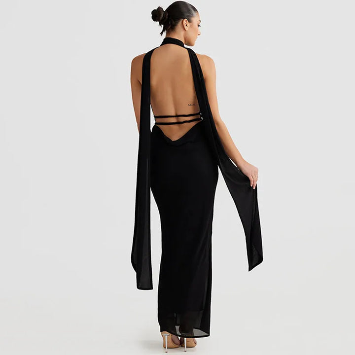 Maxi evening dress with open back and deep neckline - Adelina