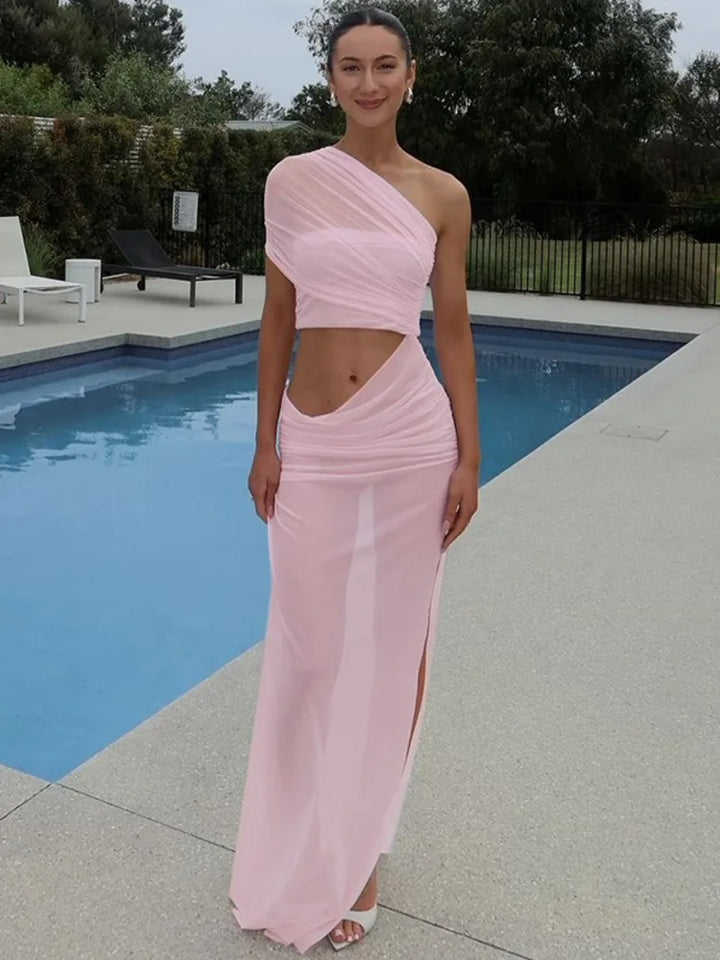 Asymmetric Chiffon Maxi Dress with Slit - Shi Lin