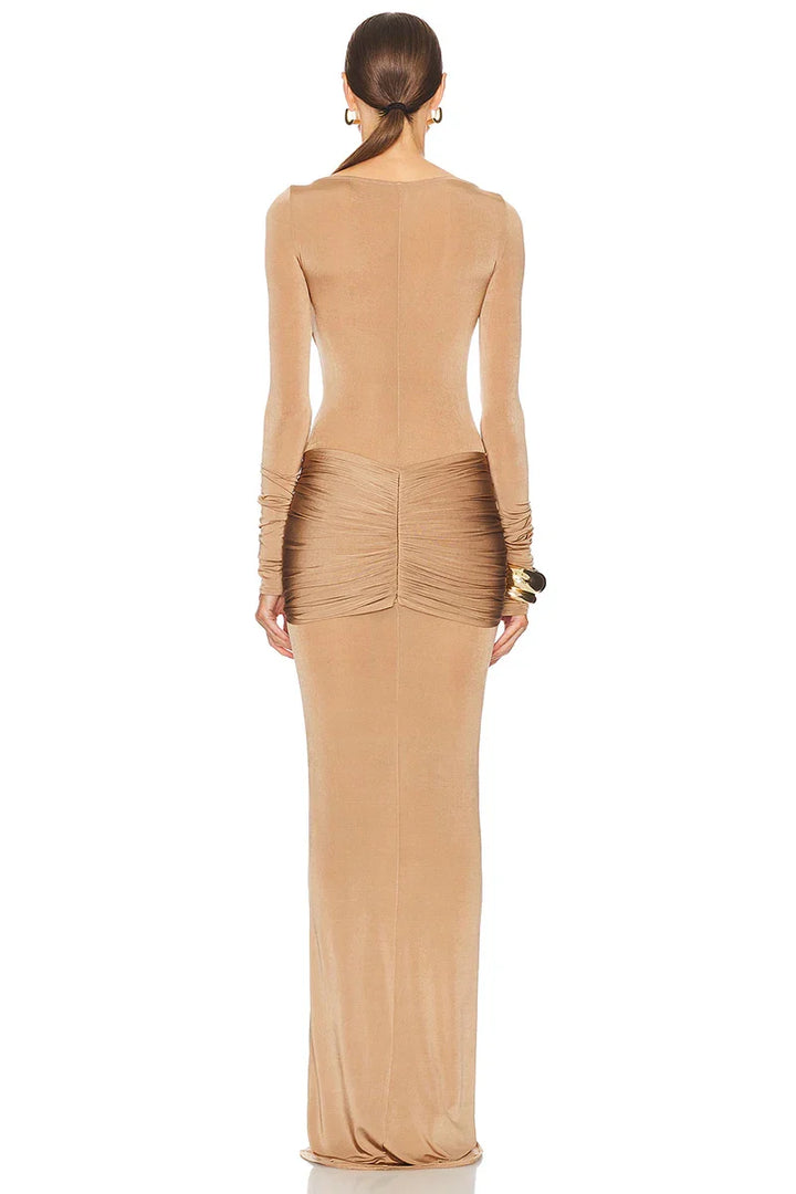 Fitted maxi dress with ruching design in shiny fabric - Ori