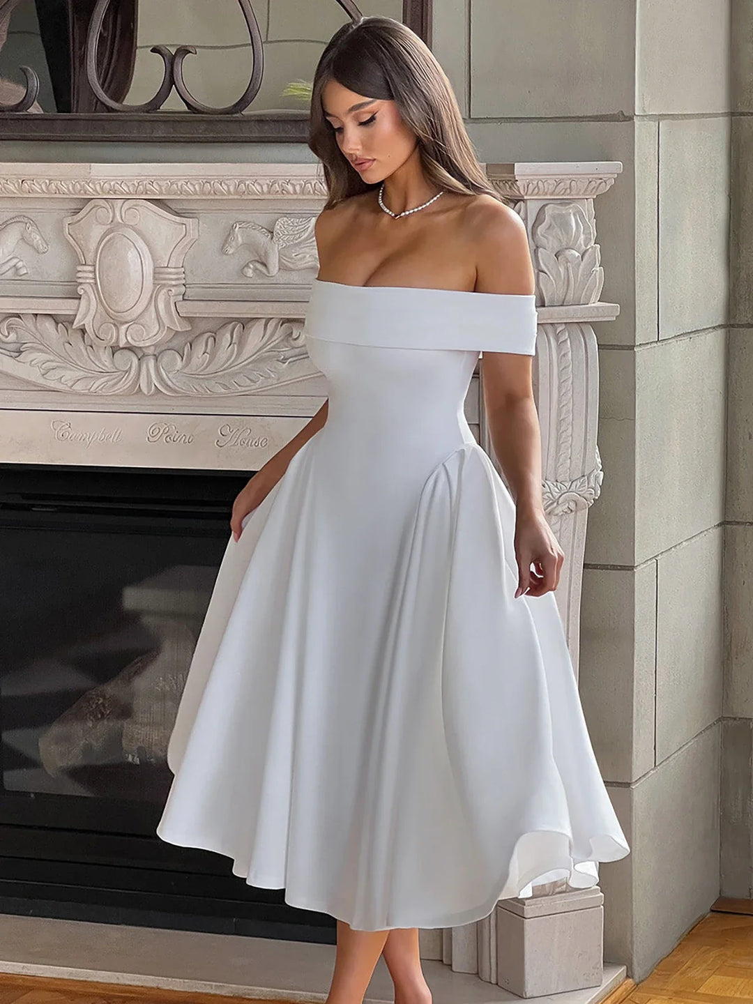 Midi A-Line Dress with Off-Shoulder Design - Ronal