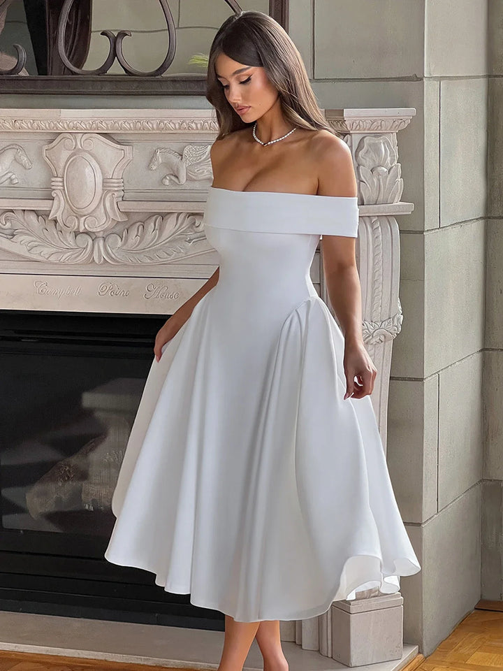 Midi A-Line Dress with Off-Shoulder Design - Ronal