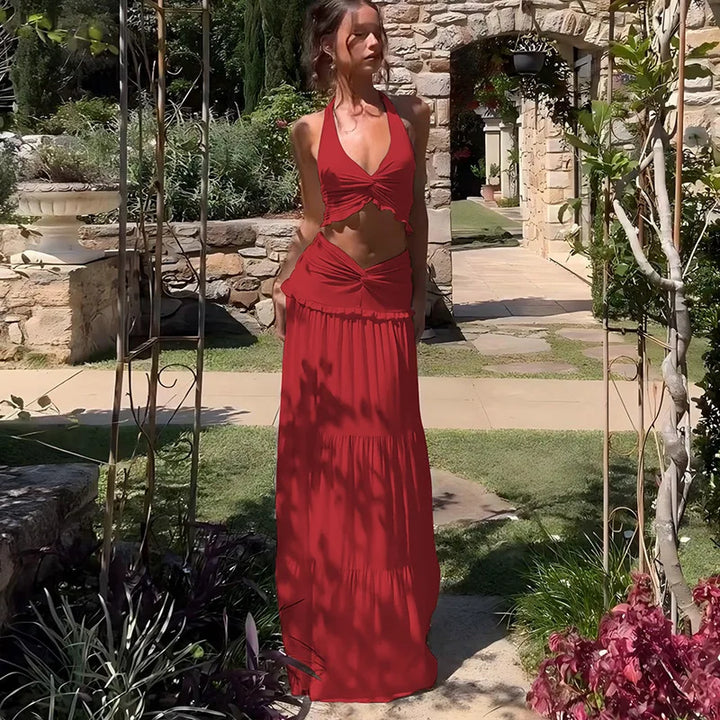 Two-piece set maxi skirt and neck tie top - Lorenza