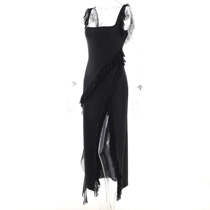 Maxi dress with ruffle decoration and slit design - Yahelia