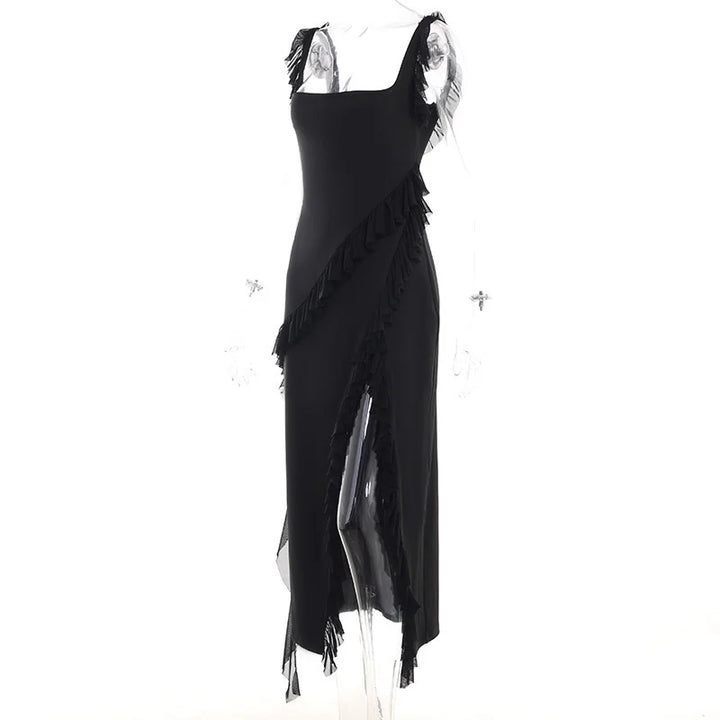 Maxi dress with ruffle decoration and slit design - Yahelia