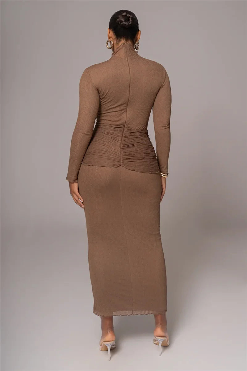 Maxi dress with ruching, tie decoration, and turtleneck collar - Halsey