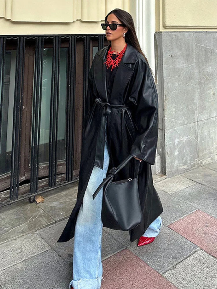 Long Leather Coat with Tie Belt - Sol