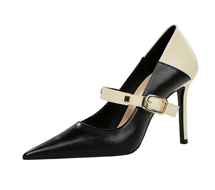 Faux Leather Pointed Heel Shoes with Buckle Decoration - Margaret