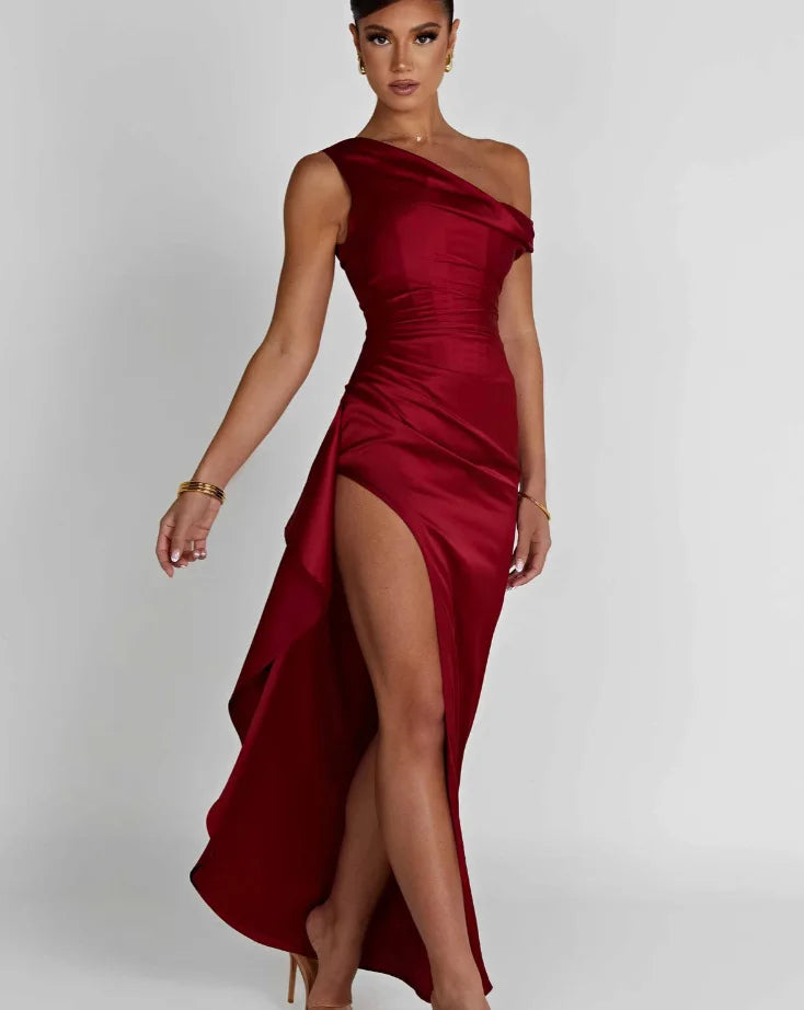 Satin Maxi Dress with Slit and One Shoulder Design - Emiliana