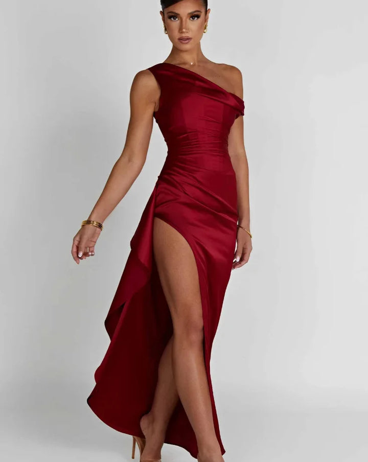 Satin Maxi Dress with Slit and One Shoulder Design - Emiliana