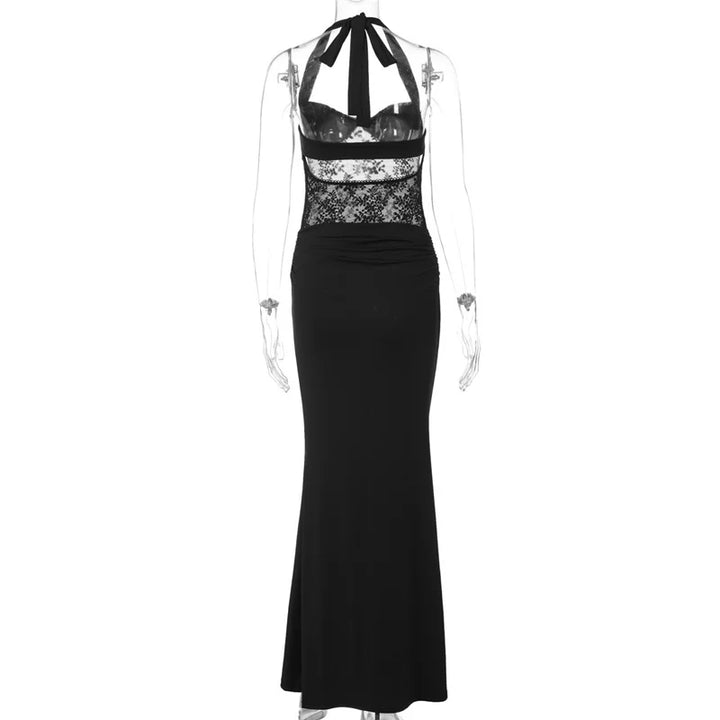 Maxi Dress with Lace and Tie at the Nape, Open Back - Nahora