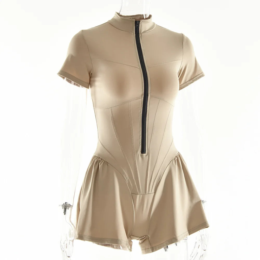 Short Sporty Jumpsuit with Corset Cut and Front Zipper Closure - Averie