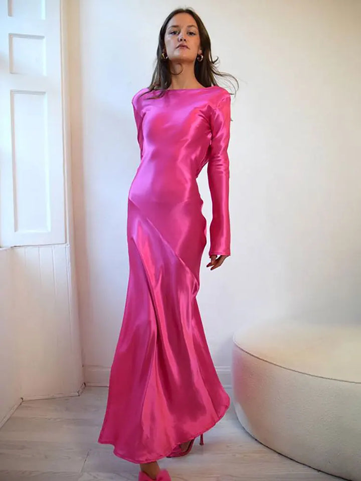 Maxi satin evening dress with open back, slit, and bell sleeves - Marian