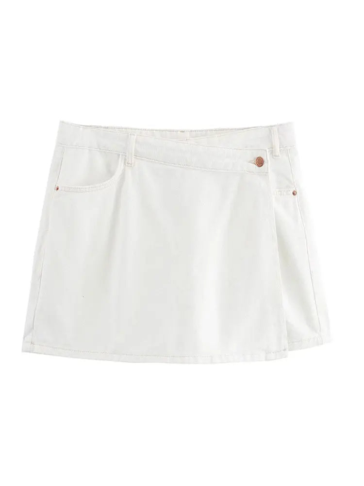 Two-Piece White Denim Set with Mini Skirt Pants and Buttoned Polo Collar Blazer - Genesis