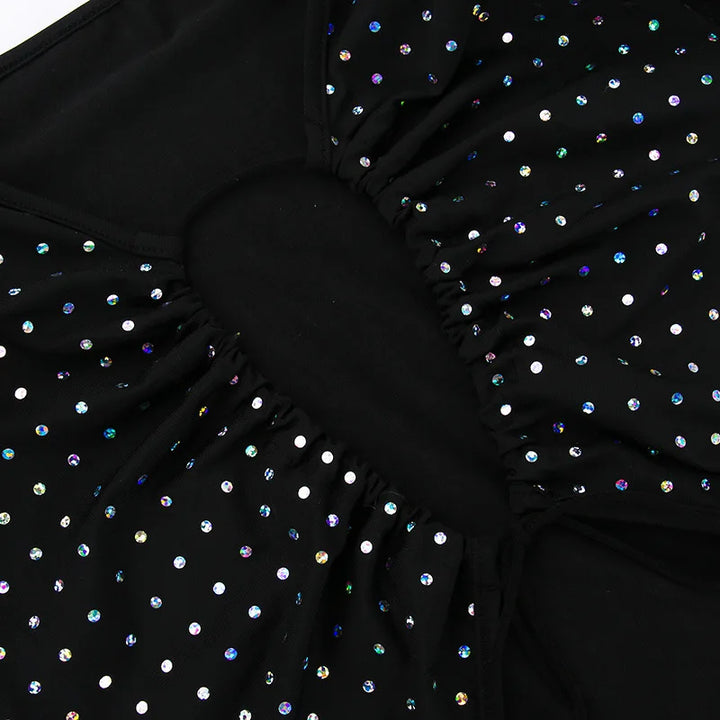 Maxi evening dress with sequins, decorated with a tie neckline - Michaela