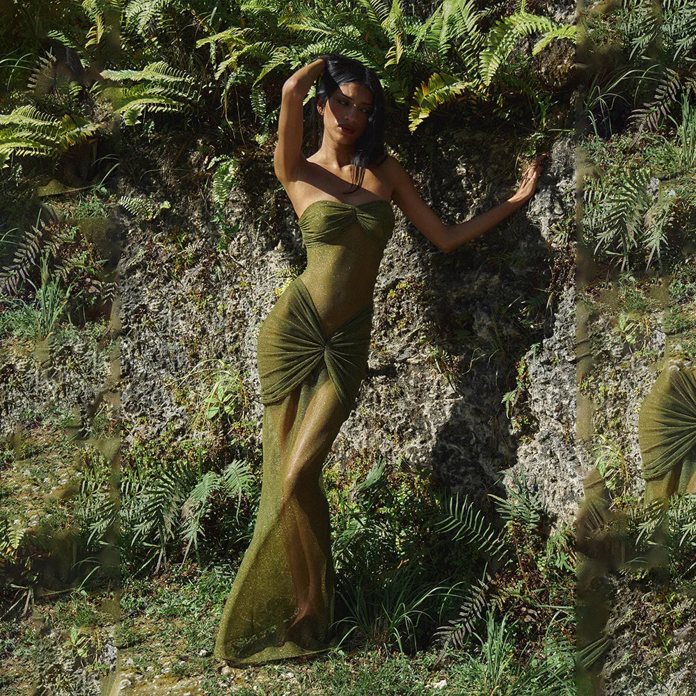Strapless Maxi Dress with Glitter Mesh and Ruching Detail - Haisley
