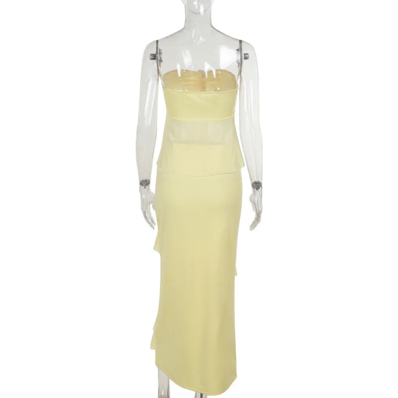 Two-Piece Set with Strapless Top and Maxi Skirt with Ruffle Detail - Sunny