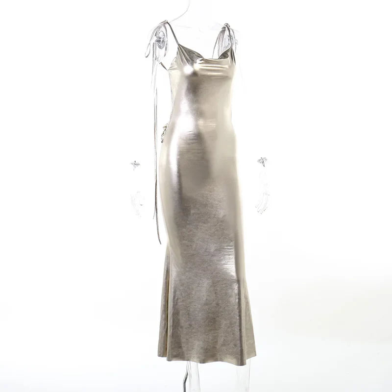 Metallic bronze maxi dress with tie shoulder straps and open back - Nancy