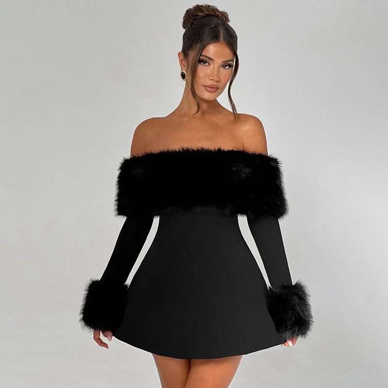Off-shoulder A-line mini dress with feather fur detail - Ira
