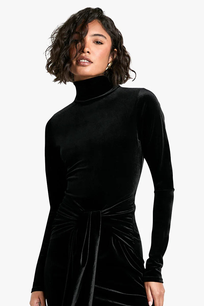 Velvet maxi dress with turtleneck and tie design - Karina
