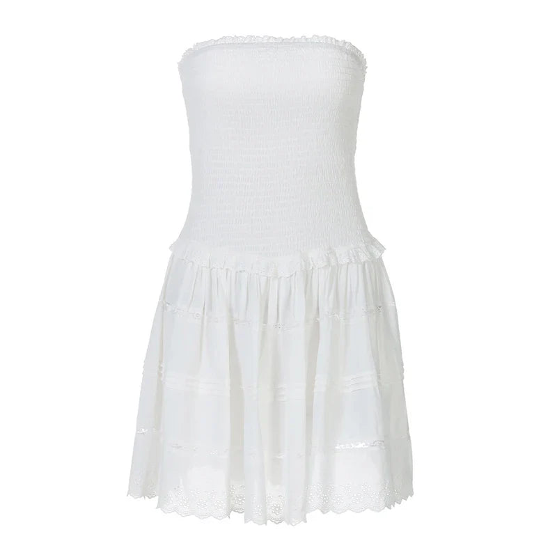 A-Line Strapless Mini Dress with Ruching and Lace Detail - Lavin