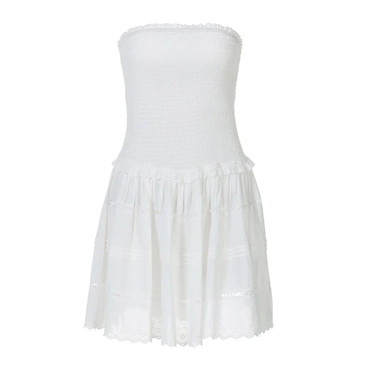 A-Line Strapless Mini Dress with Ruching and Lace Detail - Lavin