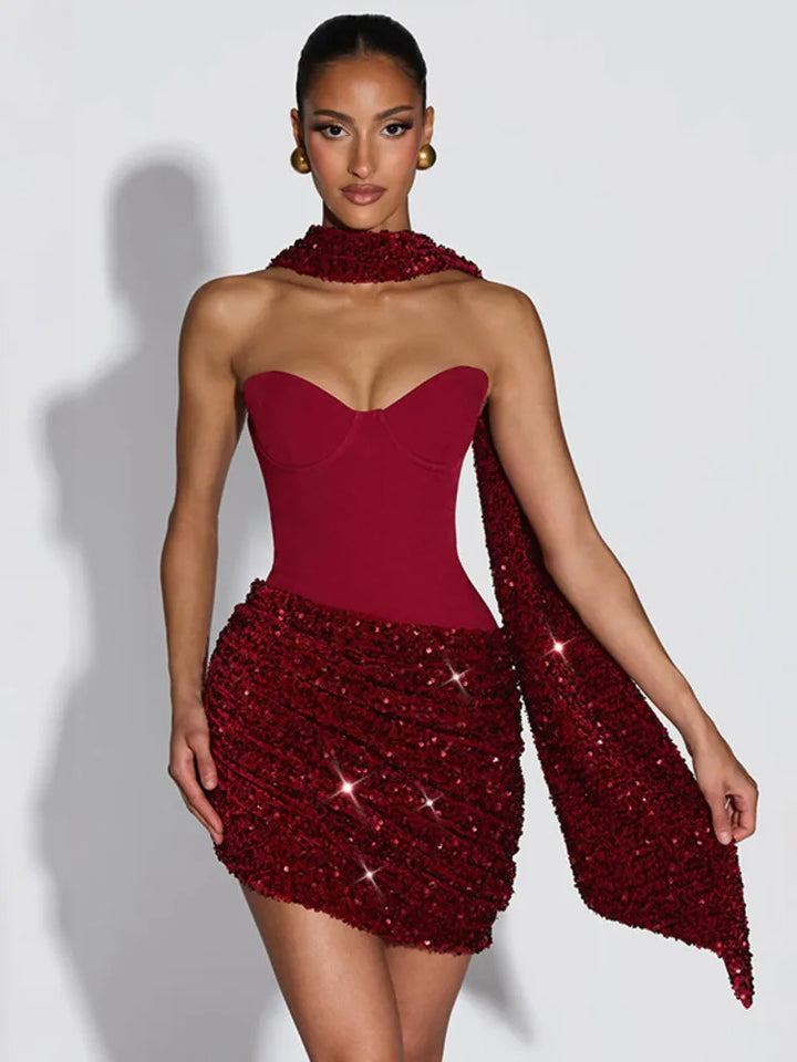 Mini dress with sequin design and scarf detail - GIGI