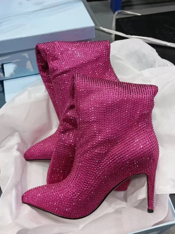 High Pointed Heel Boots with Sparkling Rhinestone Design - Josie