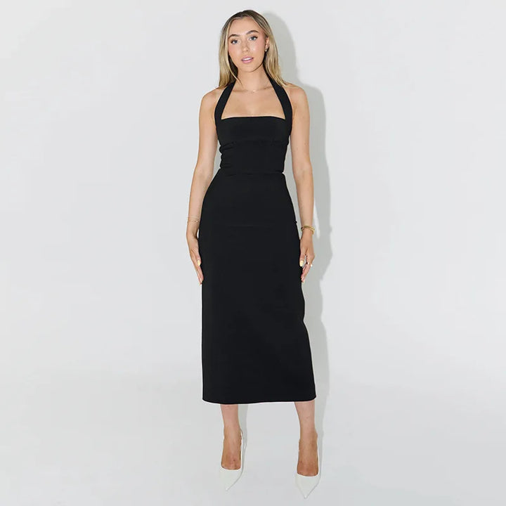 Fitted Midi Dress with Shaping Fabric and Open Back - Paislee