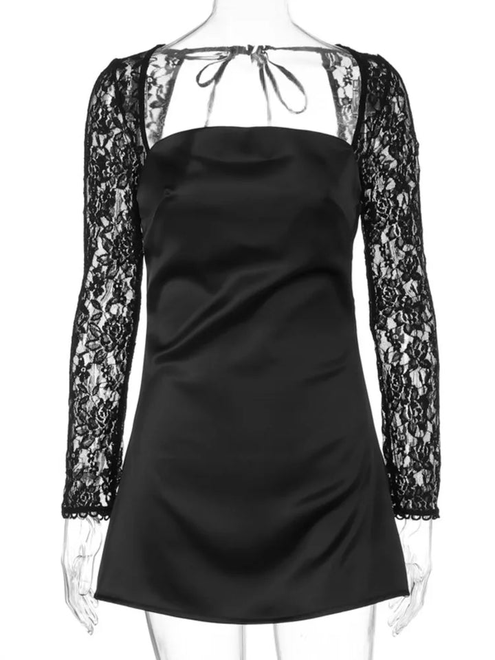 Satin Mini Dress with Lace Sleeves - Far