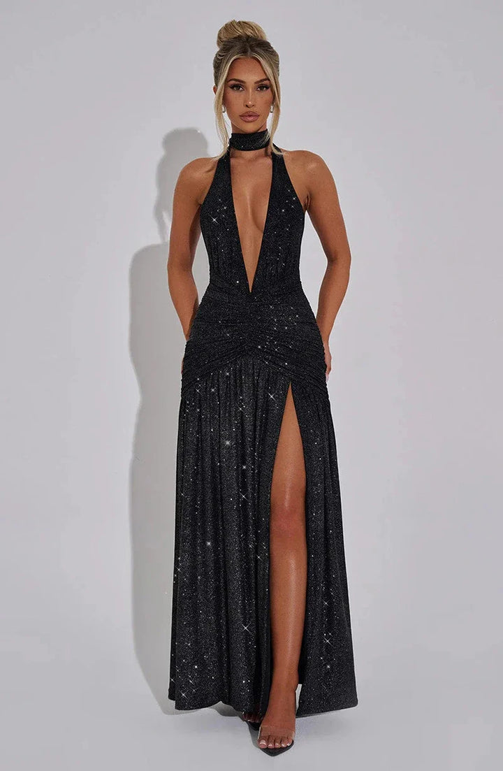 Glitter Maxi Dress with Slit, Deep V-Neck, Open Back, and Neck Tie - Emery
