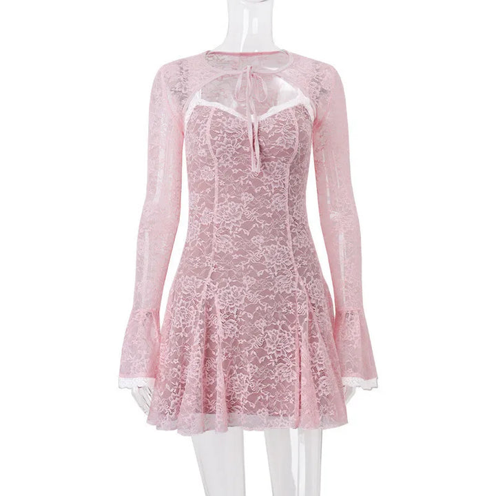 Lace Mini Dress with Overlay Sleeves and Tie Closure - Polina