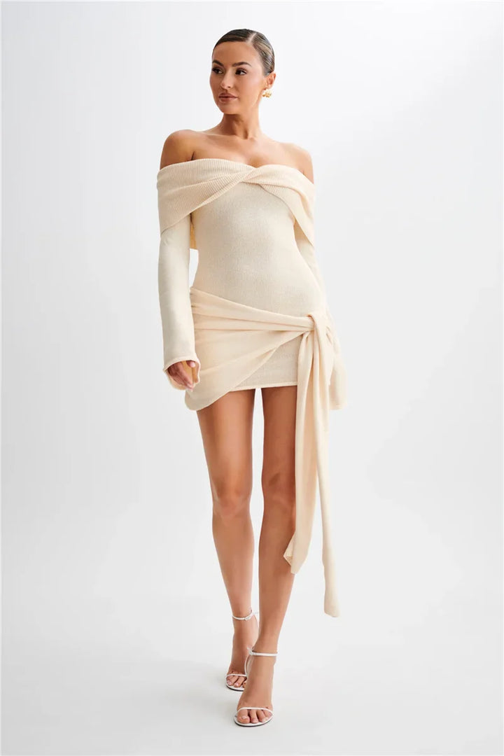 Knitted mini dress with off-shoulder tie design - Karin