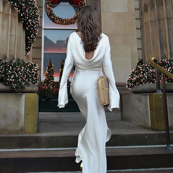 Maxi satin evening dress with open back, slit, and bell sleeves - Marian