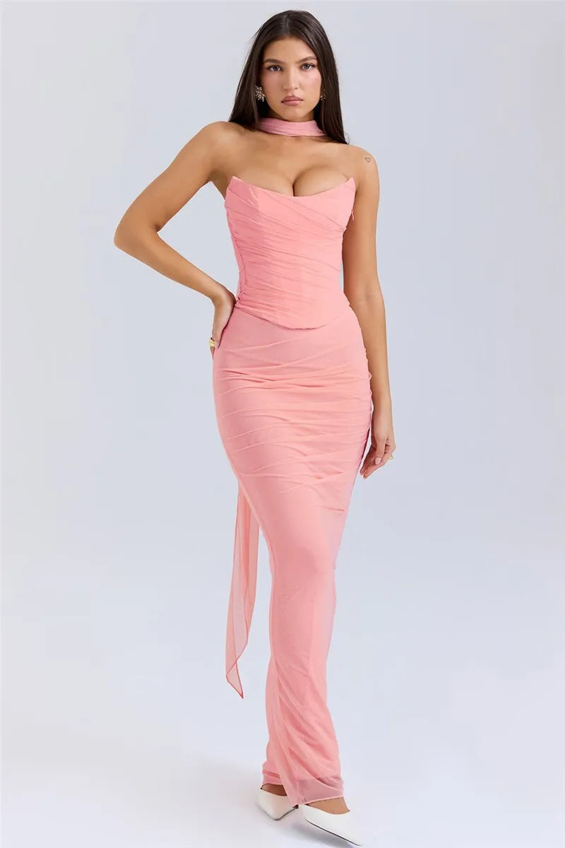 Two-Piece Set with Strapless Top and Maxi Skirt with Matching Scarf Detail - Francia