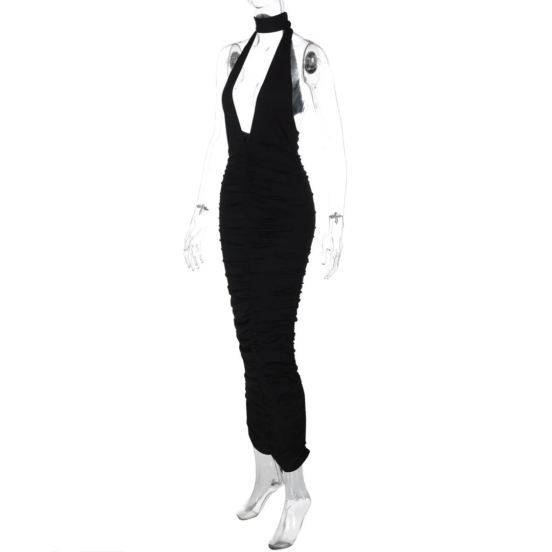 Maxi Dress with Collar, Ruching, Fitted V-Neck, Open Back - Jimena