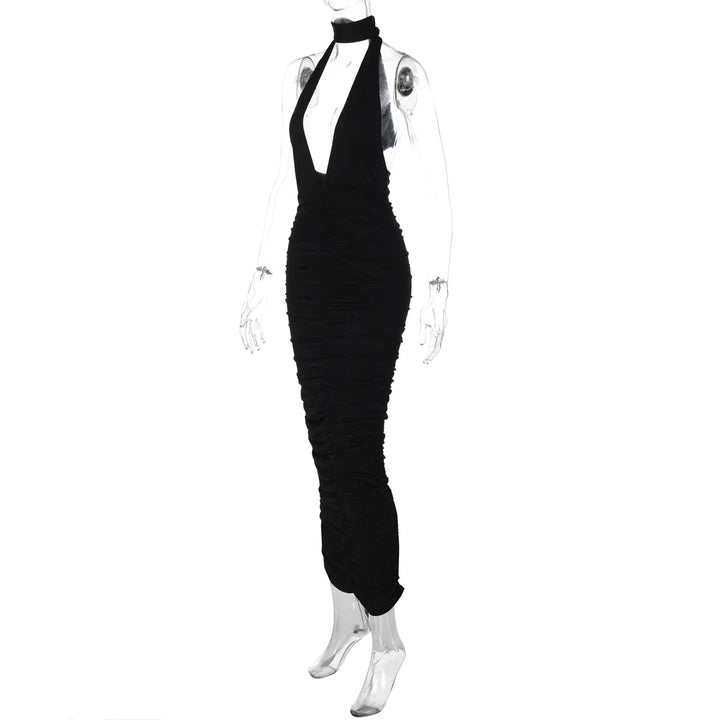 Maxi Dress with Collar, Ruching, Fitted V-Neck, Open Back - Jimena