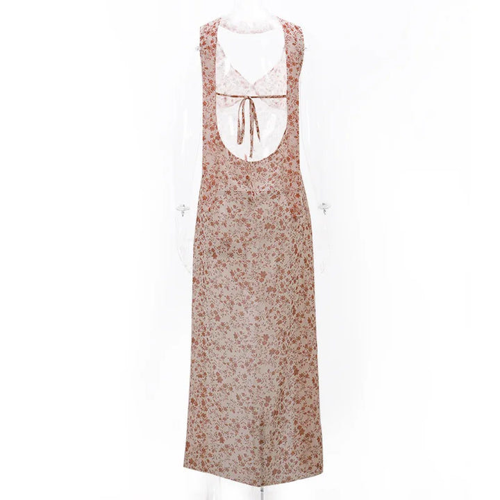 Floral Maxi Dress with Open Back, Slit, and Scarf - Elay