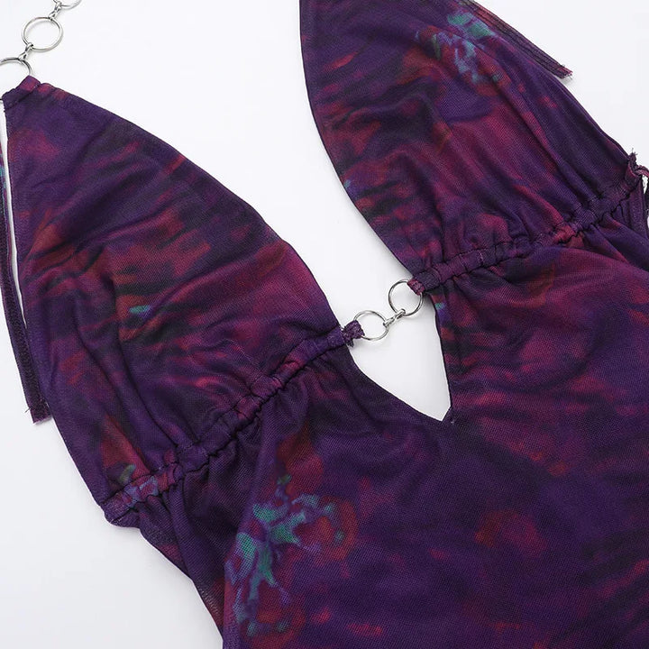 Summer mesh maxi dress with neck tie and hoop buckle details - Amaya
