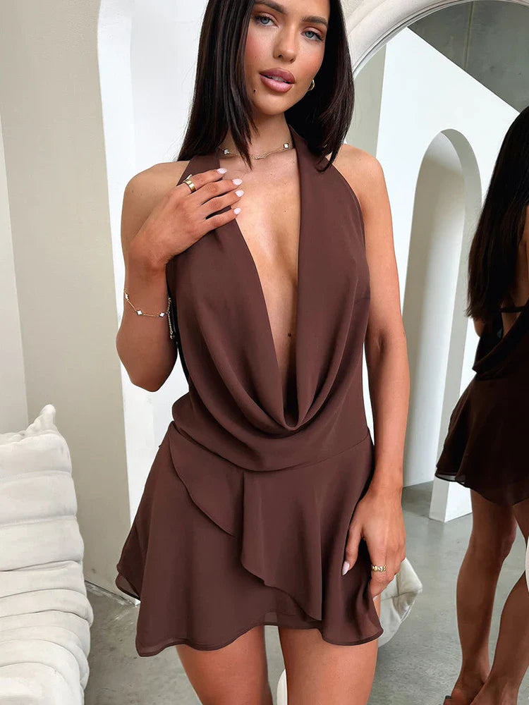 Ruffled Chiffon Mini Dress with Draped Collar and Open Back - Juliana