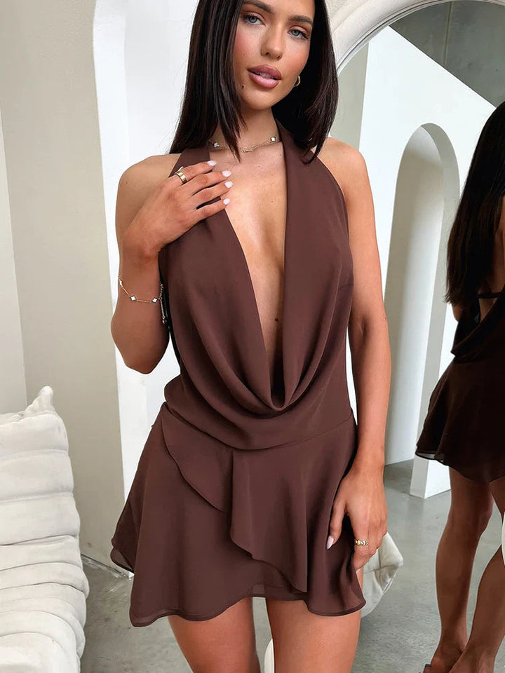 Ruffled Chiffon Mini Dress with Draped Collar and Open Back - Juliana