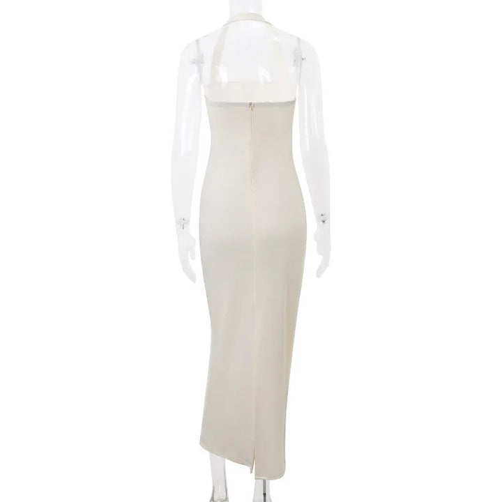 Fitted Maxi Dress with Pin Closure and Open Back - Natasha