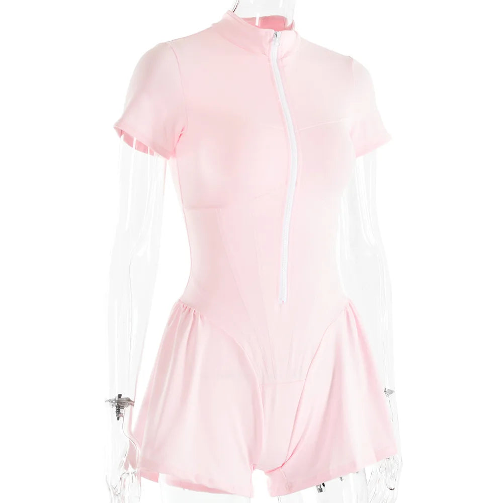 Short Sporty Jumpsuit with Corset Cut and Front Zipper Closure - Averie