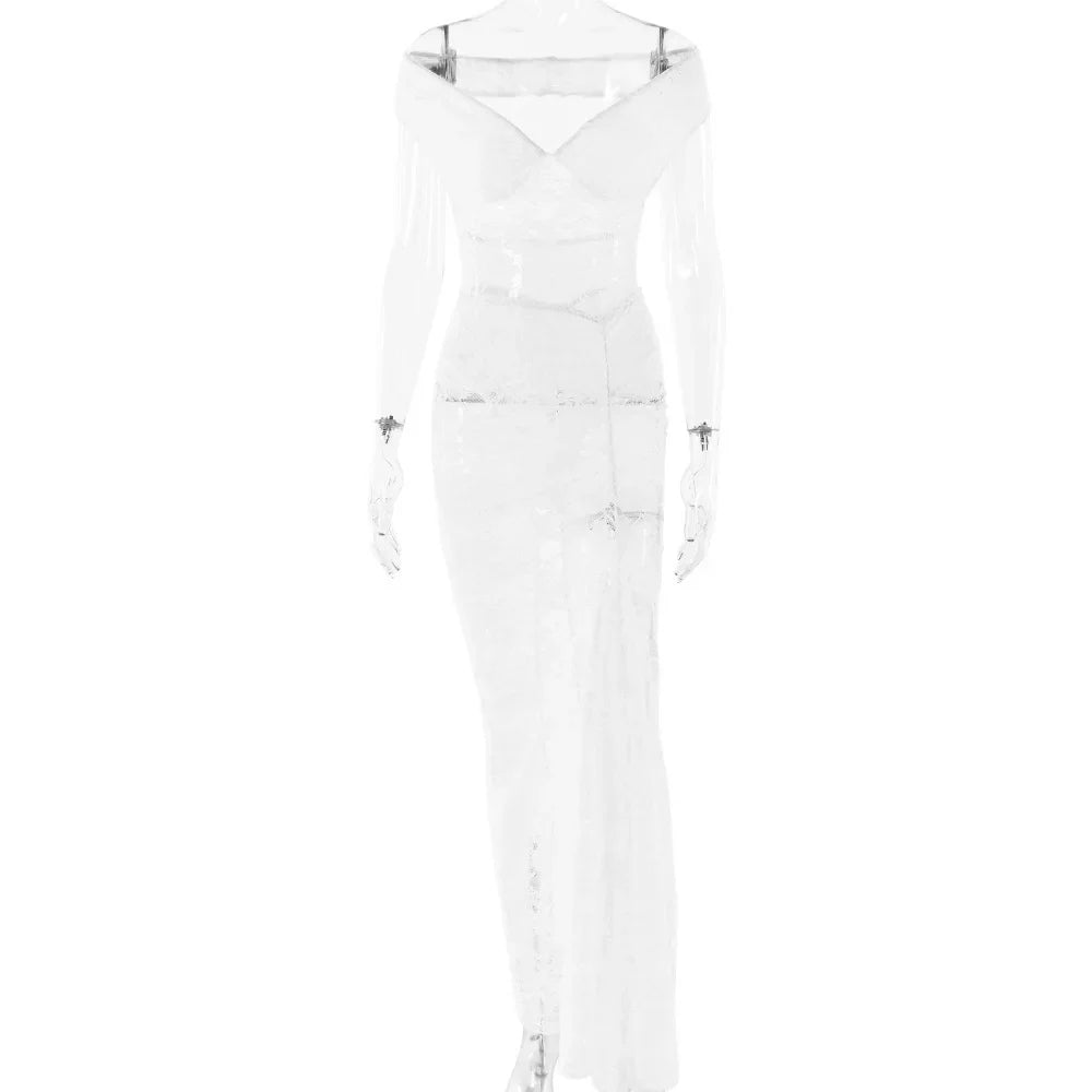Maxi Lace Dress with Off-Shoulder and Slit Design - Emiliana