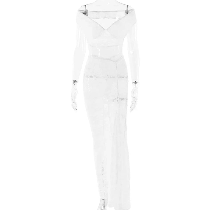 Maxi Lace Dress with Off-Shoulder and Slit Design - Emiliana