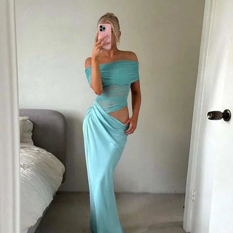 Maxi dress with ruching, mesh design and off-shoulder - Keshet