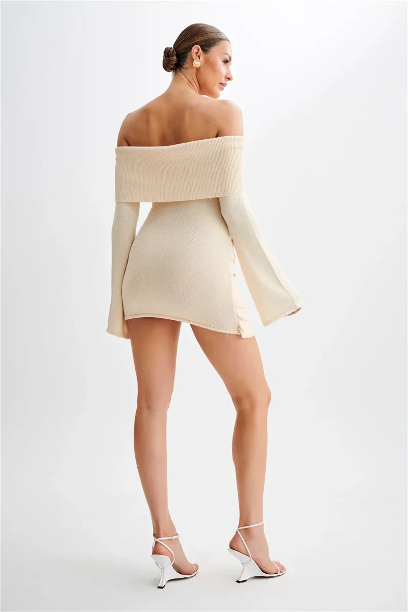 Knitted mini dress with off-shoulder tie design - Karin