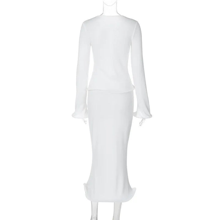 Knitted Two-Piece Set with Buttoned Top and Maxi Skirt - PARIS