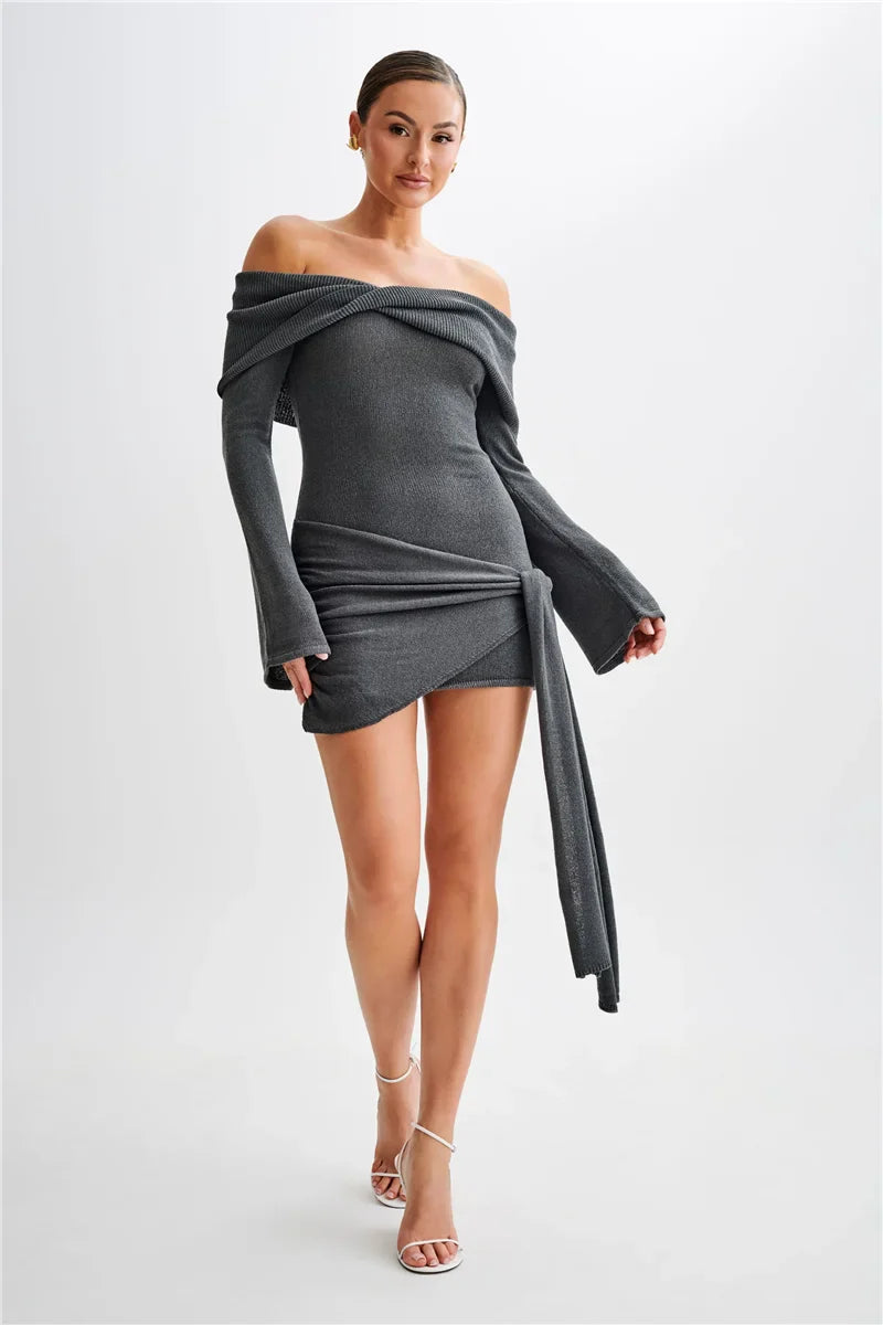 Knitted mini dress with off-shoulder tie design - Karin